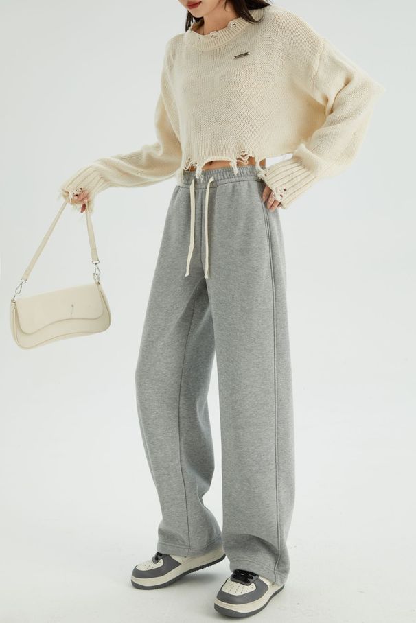 Women's High Waist Wide Leg Pants Winter Warm Faux Cashmere Cotton Straight Sweatpants Loose Slimming Bottoms Black Gray White_ecoleips.com