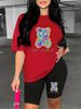 Summer Women's Casual And Fashionable Lover Bear Print Loose T-shirt+shorts Two-piece Sportswear Suitable For Daily Wear-90_ecoleips.com