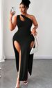 Plus Size Women Sexy Solid Color One Shoulder Hollow Out Revealing Chest High Slit Holiday Party Fashionable Dress Maxi Women Outfit_ecoleips.com