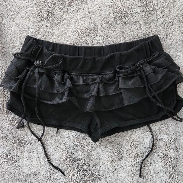 Summer Ruffled Solid Color Women's Floral Skirt Pants Shorts Set Japanese Korean Style Elastic Band Cake Style with Flower Bud Bow_ecoleips.com