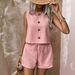 Women's Spring Summer Fashion Casual Solid Color Button down Sleeveless Vest And Shorts Set Resort Style Clothing_ecoleips.com