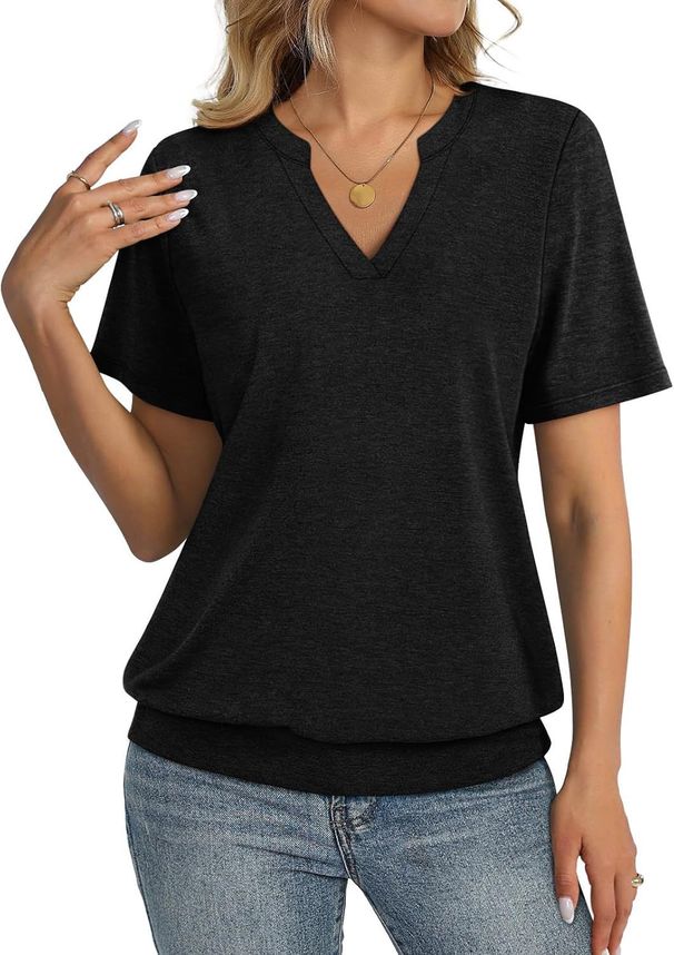 2026 Women Stylish Banded Hem V Neck Short Sleeve Casual Tops_ecoleips.com