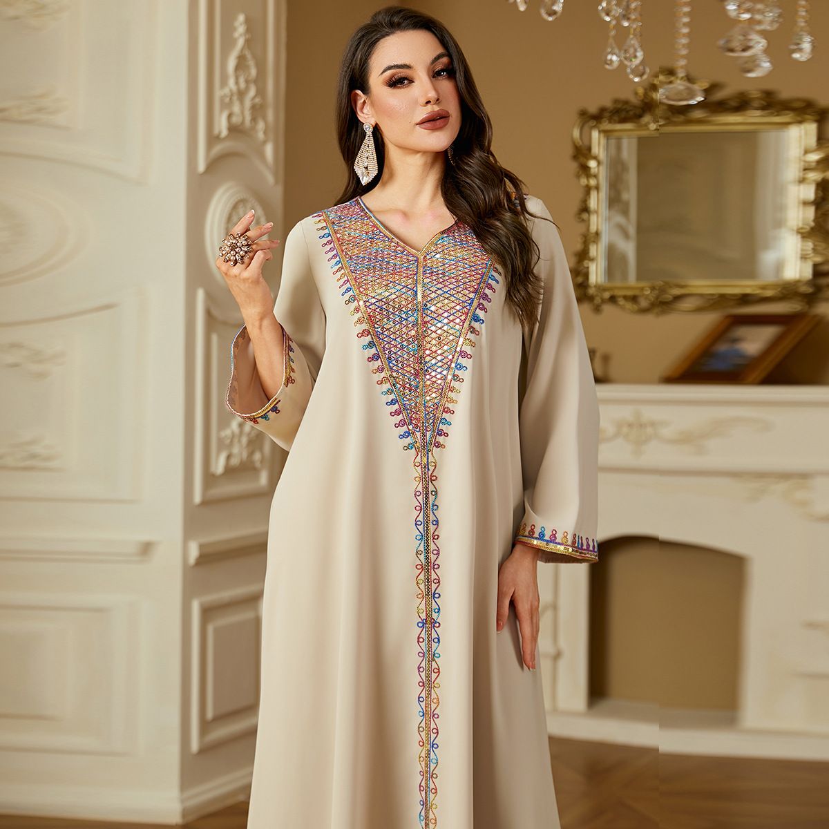 4220 Middle Eastern Cross-Border Muslim Elegant Beaded Embroidery Dress Arab Dubai Robe_ecoleips.com