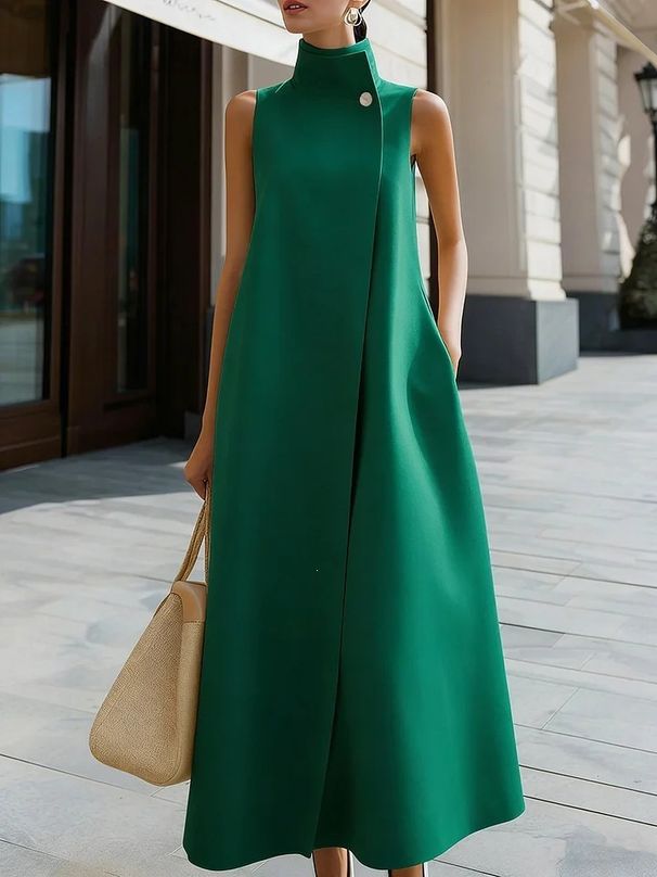 Women's Sleeveless Stand Collar Vest Dress Single Button Solid Color Casual Elegant Fashion Thin Dress For Summer Commuter_ecoleips.com