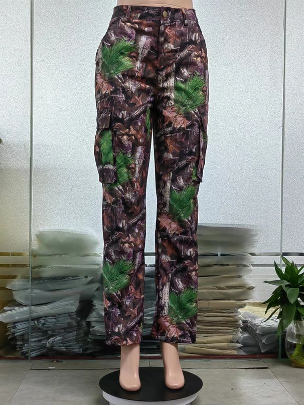 Women's Clothing Ins Style Autumn And Winter New Fashion Leaf Print Straight High Waist Pocket Multi Color Overalls_ecoleips.com