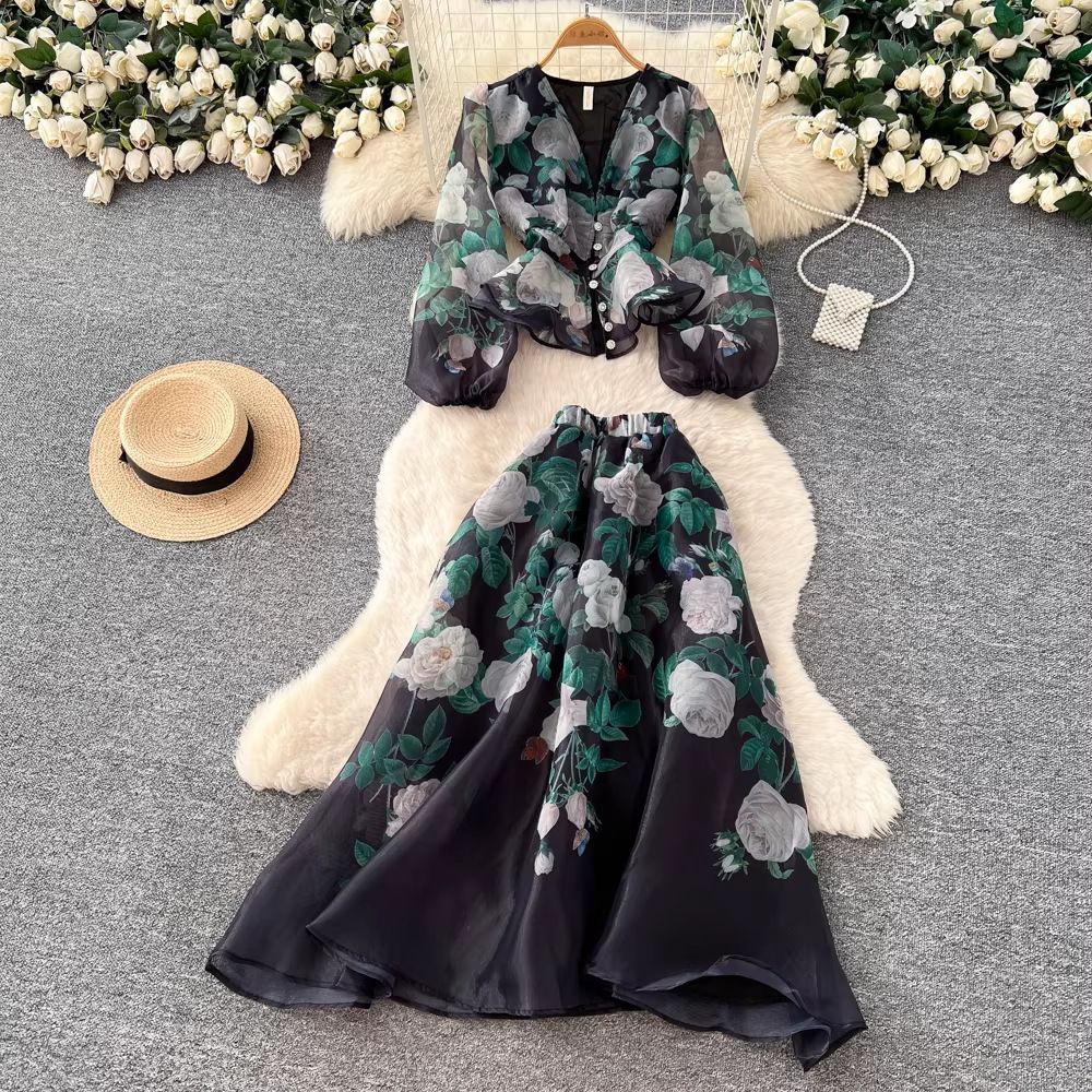 Women’s Printed Blouse & High-Waisted Skirt Set – Ruffled Sleeves & Button Front (2 Colors, 5 Sizes)_ecoleips.com