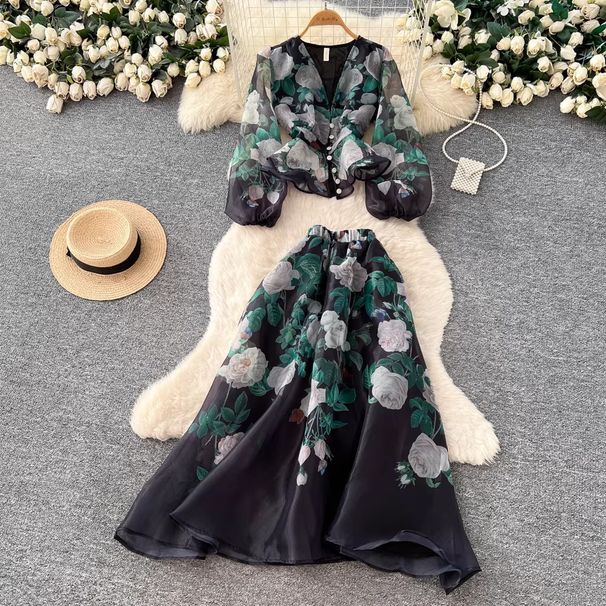 Women’s Printed Blouse & High-Waisted Skirt Set – Ruffled Sleeves & Button Front (2 Colors, 5 Sizes)_ecoleips.com