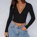 Women's Ribbed Long Sleeve V-Neck Crop Top, Stretchy Slim Fit Basic Tee For Summer Streetwear Versatile Summer Essential_ecoleips.com