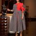 Women's Elegant Print-Paneled Dress | Afro-Chic Short Sleeve A-Line Midi Dress | High Waist Floral & Geometric Fusion (Red/White/Blue, S-XXXL)_ecoleips.com