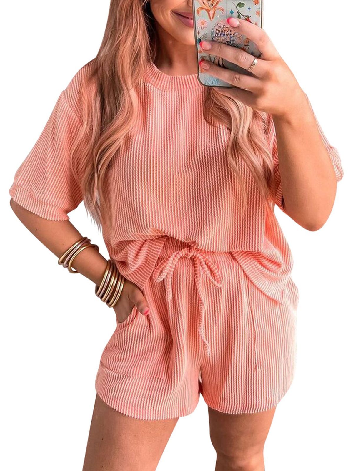 Women's Clothing New Twisted Stripe Short Sleeved Drawstring Shorts Casual Home Wear Suit_ecoleips.com