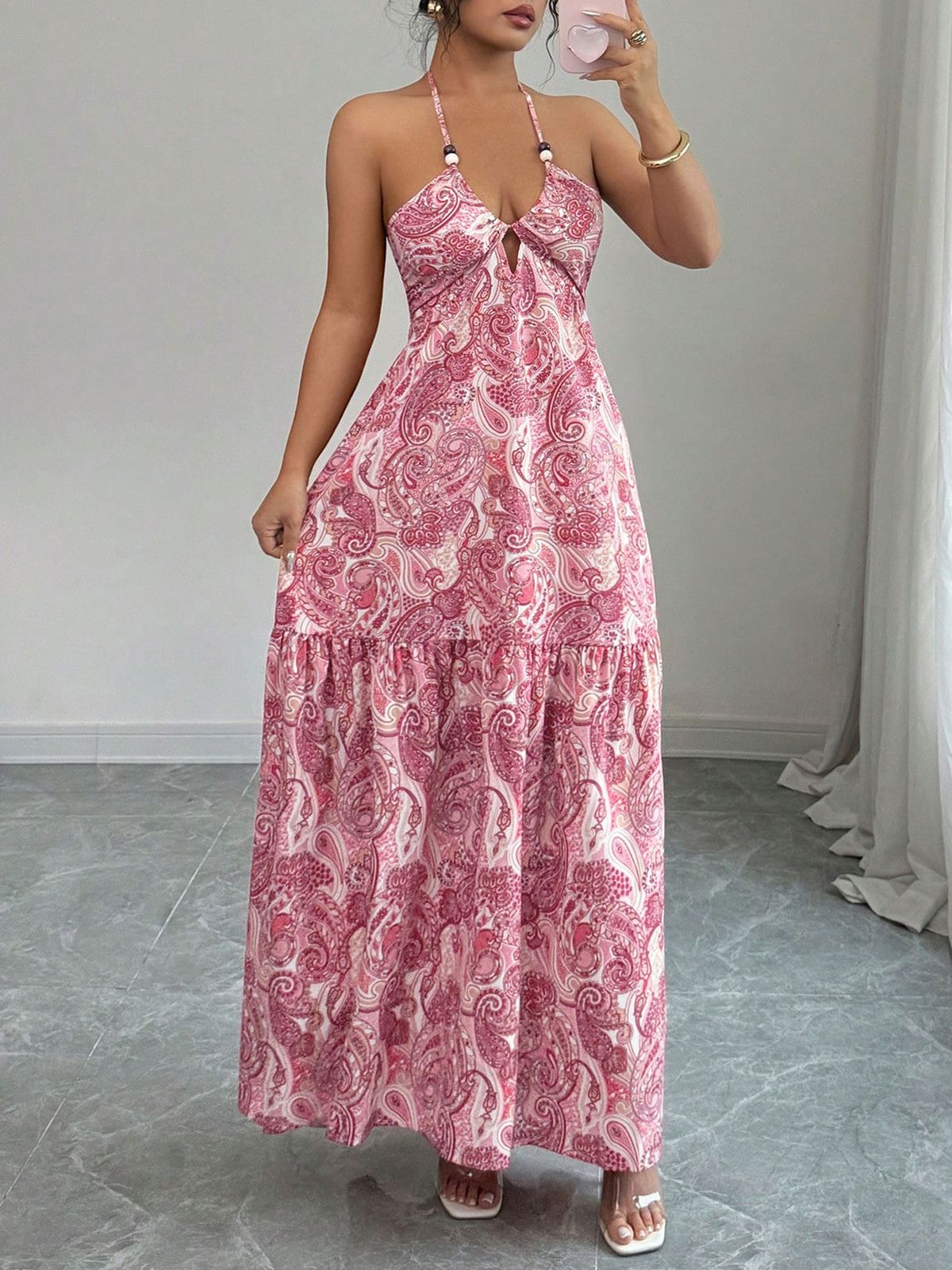 Peleis Walnut Flower V-Neck Thin Strap Dress,Natural Wood Beaded Halter Double Layer A-Line Skirt_ecoleips.com