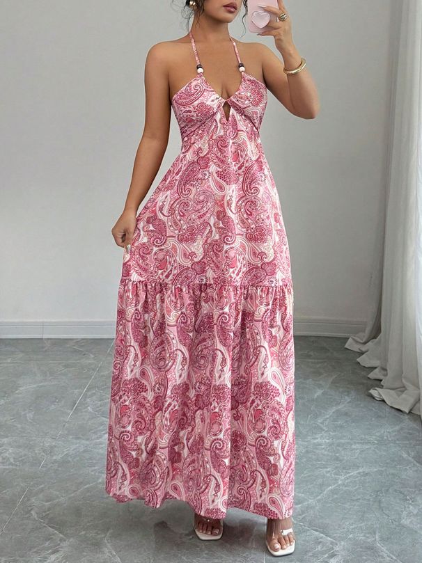 Peleis Walnut Flower V-Neck Thin Strap Dress,Natural Wood Beaded Halter Double Layer A-Line Skirt_ecoleips.com