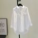 Women's White Casual Shirt Double Pockets Korean Style Loose Fit Slimming Short Front Long Back Literary Style Spring Autumn 2026_ecoleips.com