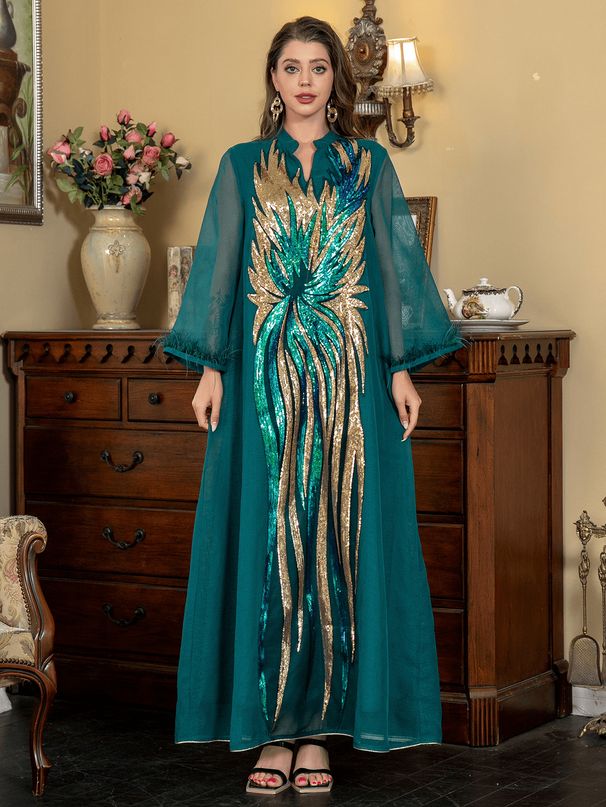 Women's Clothing Muslim V Neck Long Sleeved Ladies Robe Fashionable Ostrich Hair Sequined Dress Abaya_ecoleips.com