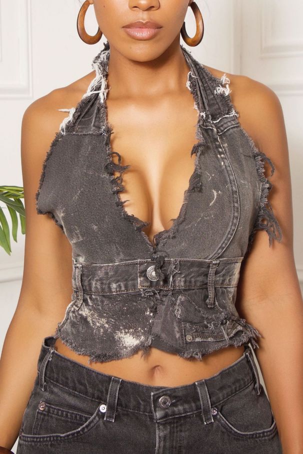 Women’s Clothing sexy ladies tops hot girls heavy washed denim vest_ecoleips.com