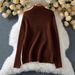 Women’s High-Neck Knit Sweater – Two-Tone Contrast Stitch Pullover (S-XL) – Polyester Fleece Winter Turtleneck (Coffee/Black/Beige)_ecoleips.com