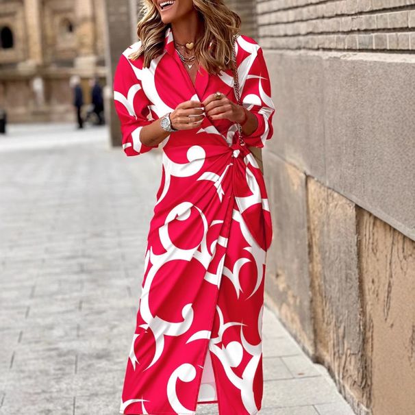Women's Clothing Women's Printed Dress With Tie Waist And Three Quarter Sleeves Style Summer For Formal & Casual_ecoleips.com