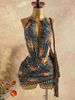 Women's Clothing Sexy Retro Patterned Mesh Mini Dress Deep V Neck Beaded Tight American Style_ecoleips.com