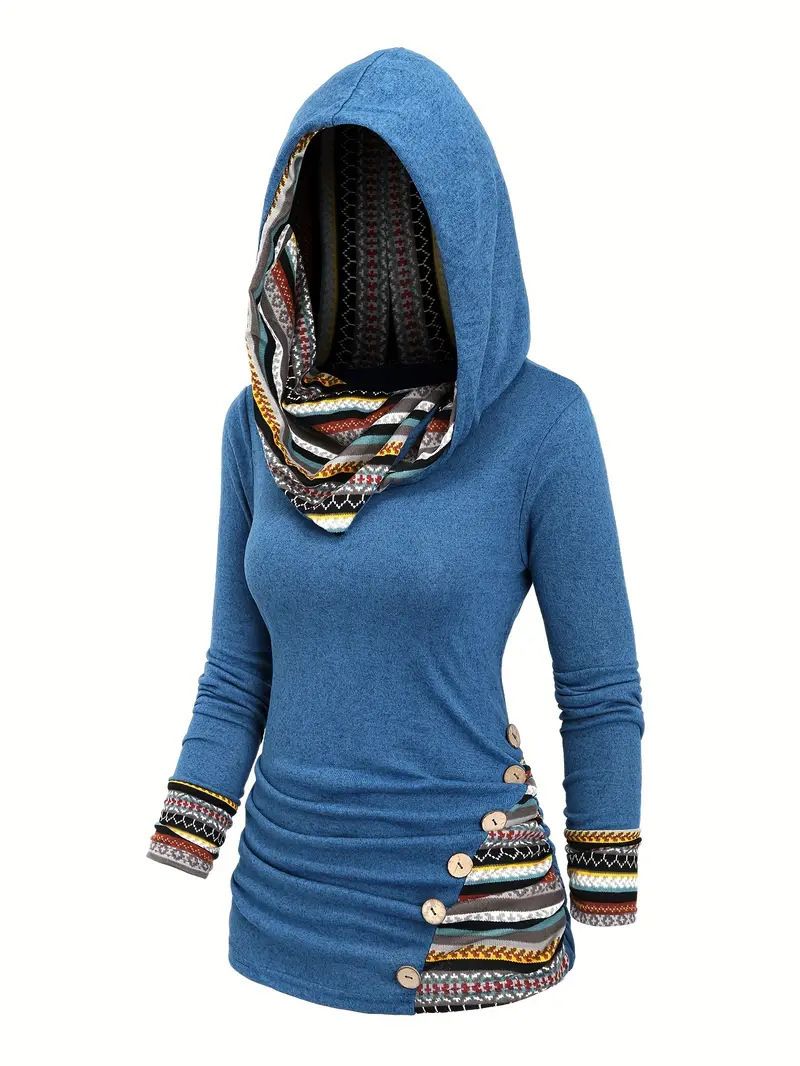 Tribal Geometric Print Hooded Knit Sweatshirt For Women - Long Sleeve Pullover With Button Detail, Ethnic Streetwear, Comfortable & Stylish_ecoleips.com