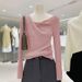 girl High-End Elegant Gray Scoop Neck Long Sleeve Knitted Sweater For Women, Autumn And Winter Design, Slim Fit Sweater,_ecoleips.com