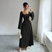 Elegant Square Neck Long Sleeve Midi Dress Vintage Inspired Solid Color Ruffle Cuff Bell Sleeve for Women_ecoleips.com