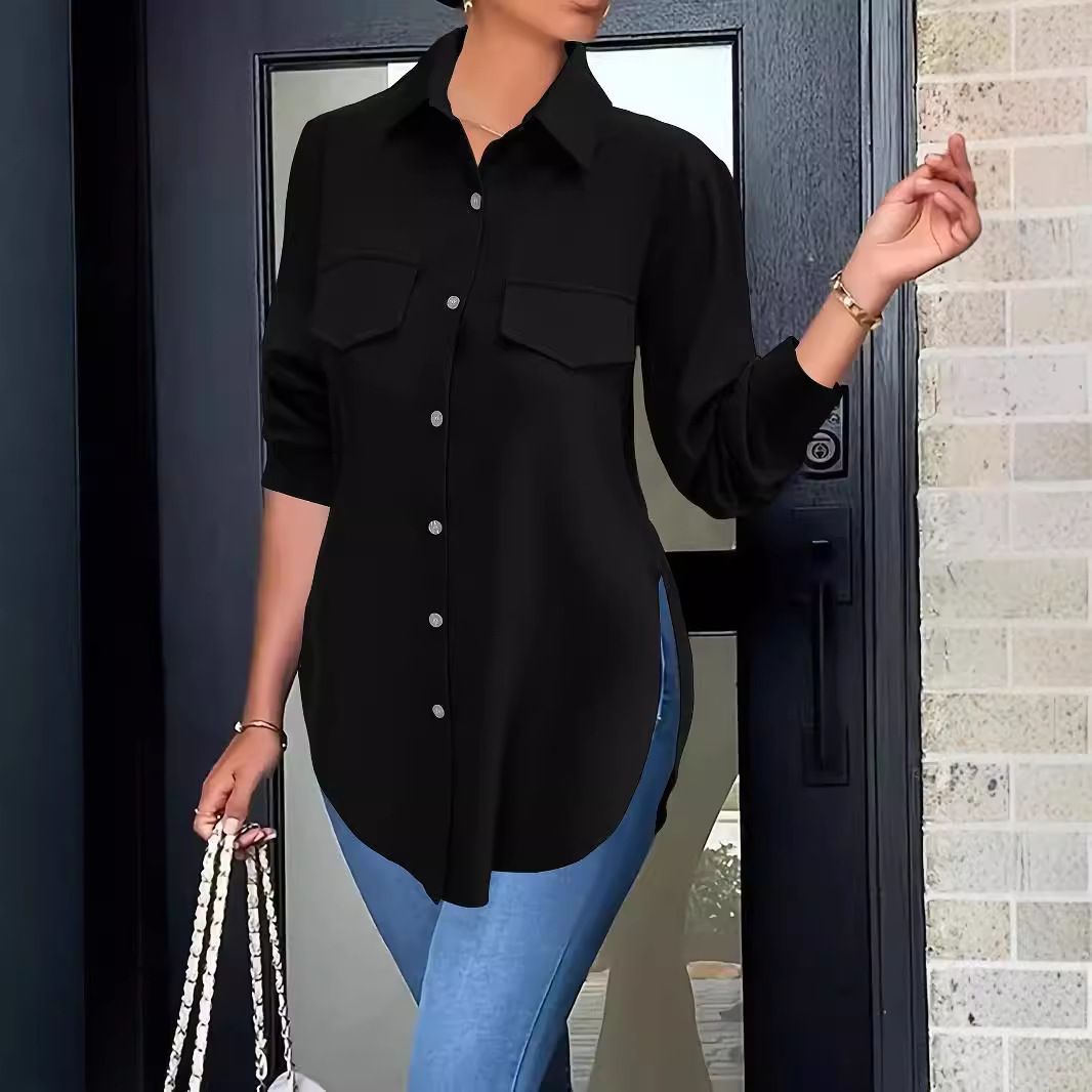 Sweet Polyester Polo Collar Shirt For Women's Autumn And Winter, Fitted Long-Sleeved Shirt_ecoleips.com