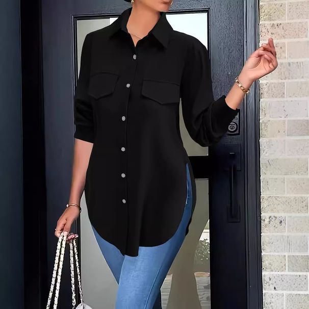 Sweet Polyester Polo Collar Shirt For Women's Autumn And Winter, Fitted Long-Sleeved Shirt_ecoleips.com