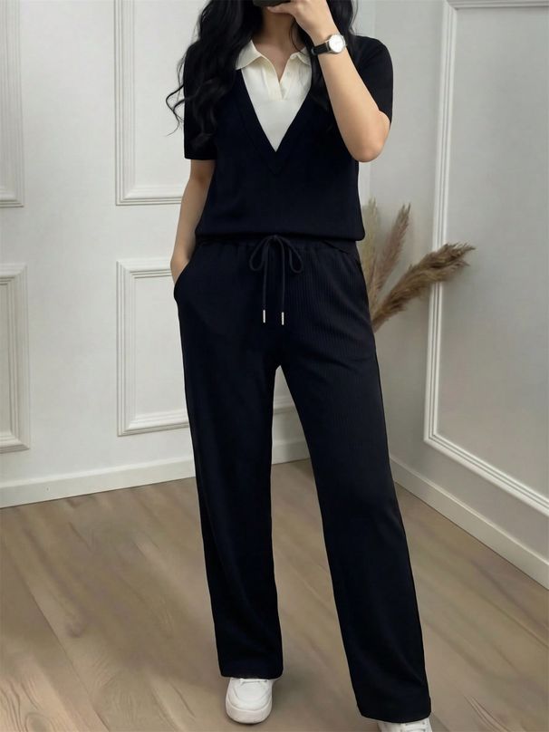 Women's Color Blocked Polo Neck Two-Piece Set Casual Simple Elastic Waist Loose Pants With Short Sleeve T-Shirt_ecoleips.com
