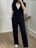 Women's Color Blocked Polo Neck Two-Piece Set Casual Simple Elastic Waist Loose Pants With Short Sleeve T-Shirt_ecoleips.com
