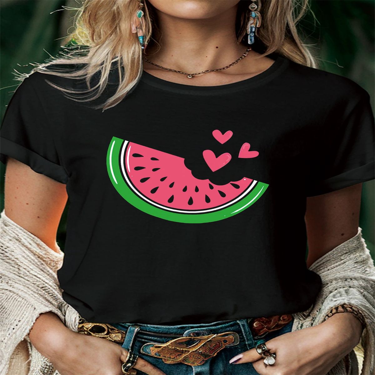 Watermelon Heart Women T Shirt Summer Fashion Short Sleeved T-shirt Tee Tops Printed O-neck Casual T-shirt Women's Clothing._ecoleips.com