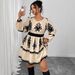 Women's High Waist Long Sleeve Dress – Floral Print Bubble Sleeve Round Neck Dress For Autumn Winter_ecoleips.com