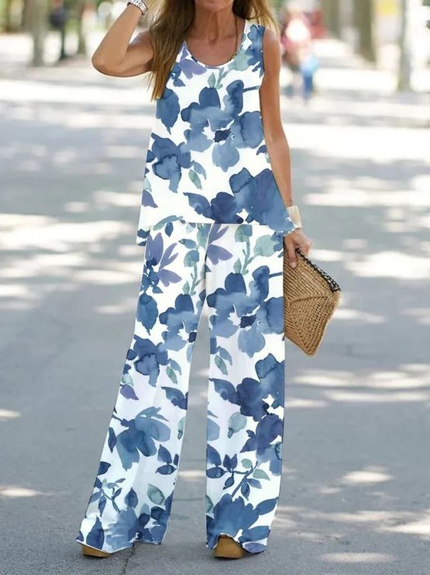 Women's Clothing T Shirt Suits Casual High Waist Wide Leg Pants Colorful Splicing Printing Retro Fashion Sets_ecoleips.com