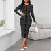 Women's Stretchy 3D-Printed Bodycon Dress Long Sleeve round Neck Slim Fit Office Casual Dress Xs to Xl 95% Polyester_ecoleips.com