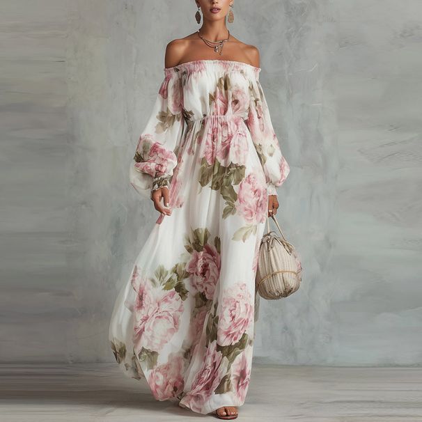 Cross Border 2026 European And American New Product One Shoulder Lantern Sleeve Printed Fashionable And Elegant Dress Women's Wear_ecoleips.com