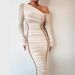 2025 Spring New Women's Long Sleeve Mesh Patchwork Asymmetrical Shoulder Mid-Length Fashion Pleated Dress For Women_ecoleips.com