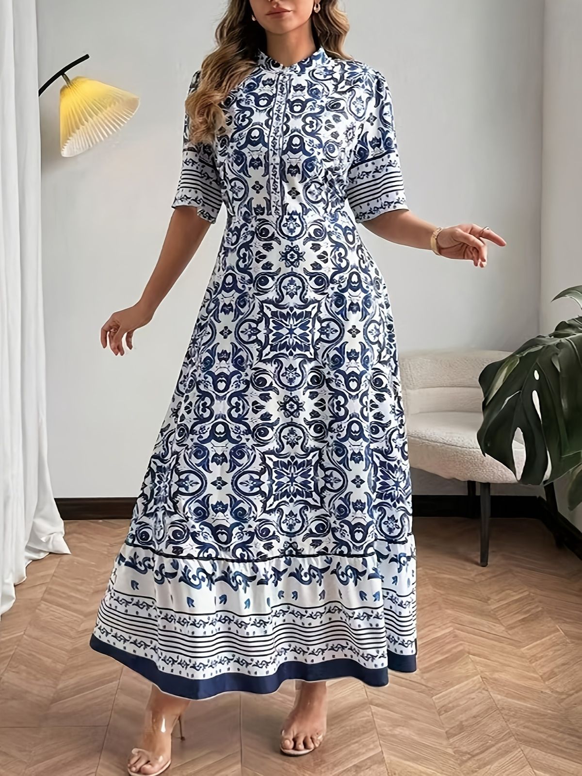 Women's Plus Size Dress Style Print Slim Fit Retro Ethnic Blue Holiday Leisure Relaxed Everyday Wear Versatile Comfortable Feshion Trend_ecoleips.com