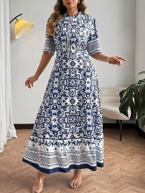 Women's Plus Size Dress Style Print Slim Fit Retro Ethnic Blue Holiday Leisure Relaxed Everyday Wear Versatile Comfortable Feshion Trend_ecoleips.com