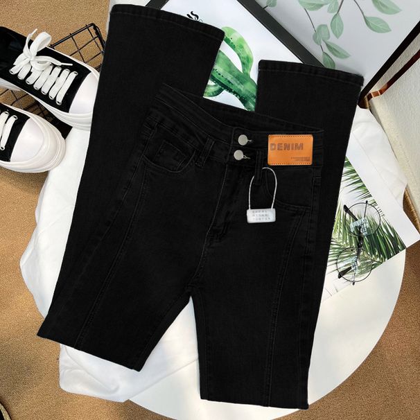 High-Waisted Retro Style Split Flared Jeans For Women Stretchy Slim Fit Straight Leg Floor-Length Unique Design_ecoleips.com