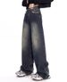 KENH Dark Blue Washed High-Waisted Straight-Leg Jeans For Women, New Spring-Summer Frayed Hem Wide-Leg Floor-Length_ecoleips.com
