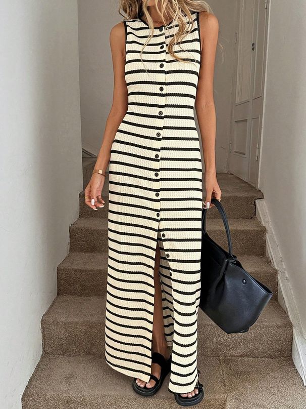 Women's French Striped Sleeveless Knit Dress Summer High End Design Casual Vest Dress for Petite Niche Style_ecoleips.com