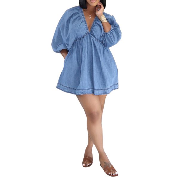 Women's Fashion Deep V Neck Puff Sleeve Denim Mini Dress For Latin America Summer Autumn New_ecoleips.com