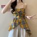 Retro Yellow Plaid Bowknot Camisole For Women, New Summer Sweet Style With Irregular Hem, Dopamine Top_ecoleips.com