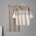 Women's Striped V-Neck T-Shirt And Skirt Set Short-Sleeved Knit Two-Piece Casual Fashion Outfit for Summer_ecoleips.com