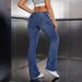 Women's Low-Rise Flared Jeans Royal Blue Distressed Denim Pants Bootcut Hem Stretchy Wide Leg Trousers_ecoleips.com