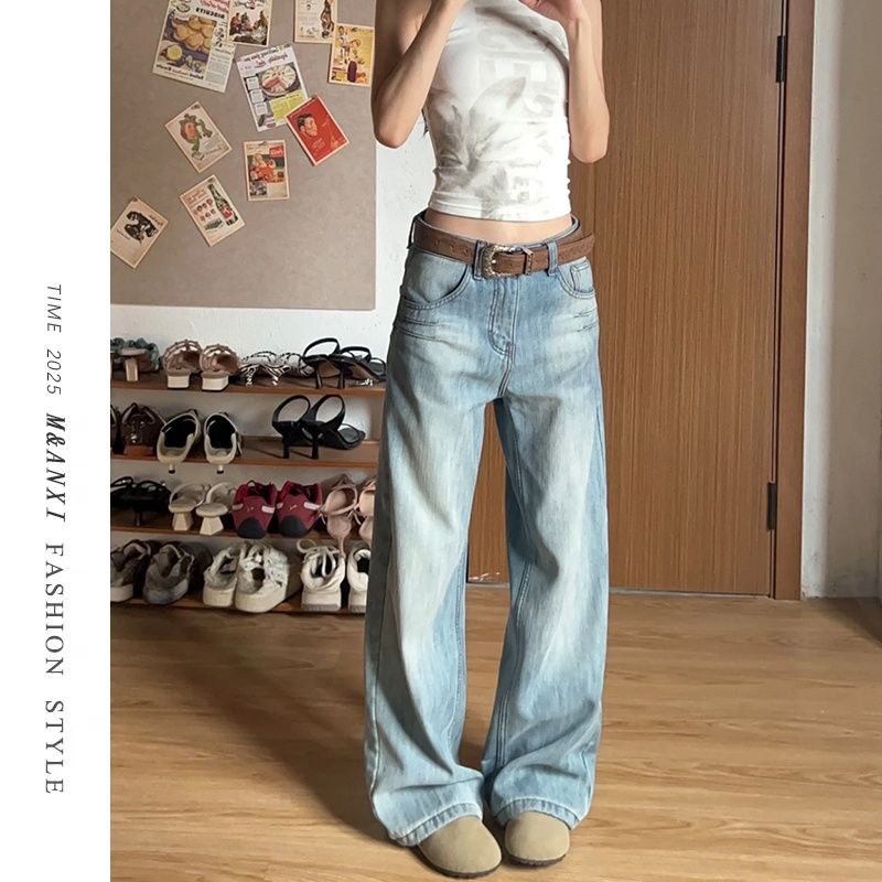 Women's American-style Washed Blue Straight-leg Jeans, New Autumn High-waisted Loose Slimming Distressed Wide-leg Pants_ecoleips.com