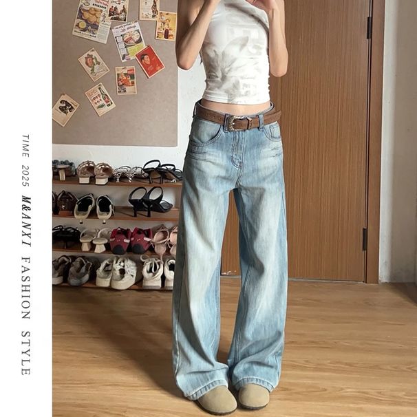 Women's American-style Washed Blue Straight-leg Jeans, New Autumn High-waisted Loose Slimming Distressed Wide-leg Pants_ecoleips.com