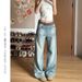 Women's American-style Washed Blue Straight-leg Jeans, New Autumn High-waisted Loose Slimming Distressed Wide-leg Pants_ecoleips.com