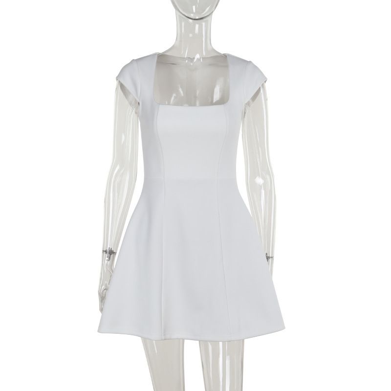 Women's Clothing Fashion Elegant Commuter Short Sleeve Square Neck Vest A-Line Mini Dress Summer New Style_ecoleips.com