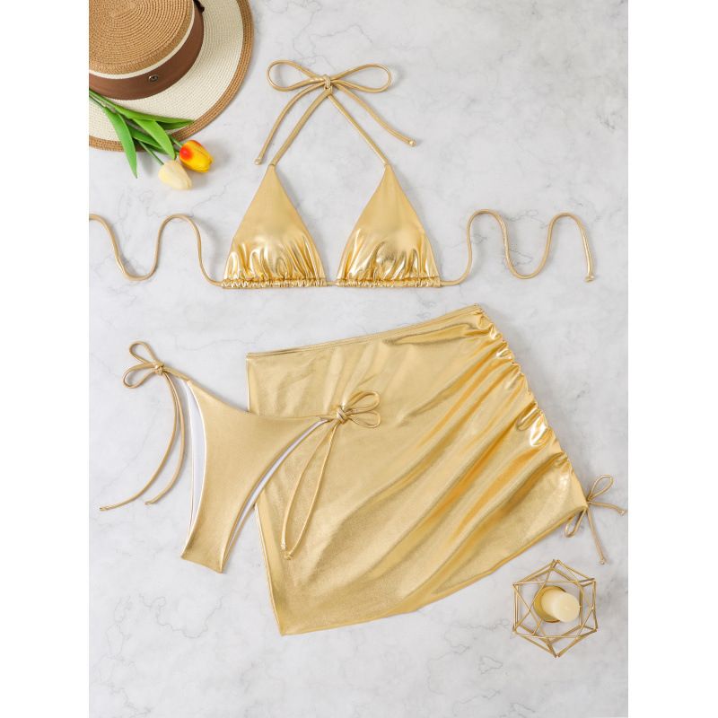 Women's Metallic Bikini Set – Sexy Foil-Finish Swimwear Trio | Adjustable Triangle Top & High-Cut Bottoms (Blue/Navy/Silver/Gold/Black, S-XL)_ecoleips.com