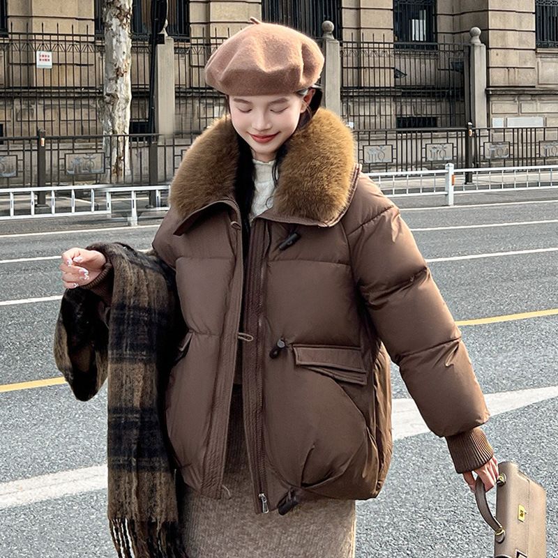 Women's Winter Padded Coat Fashionable Loose Fit Polyester Jacket With Faux Fur Collar Warm Outerwear For Cold Weather Black Beige Khaki Coffee Pink"_ecoleips.com